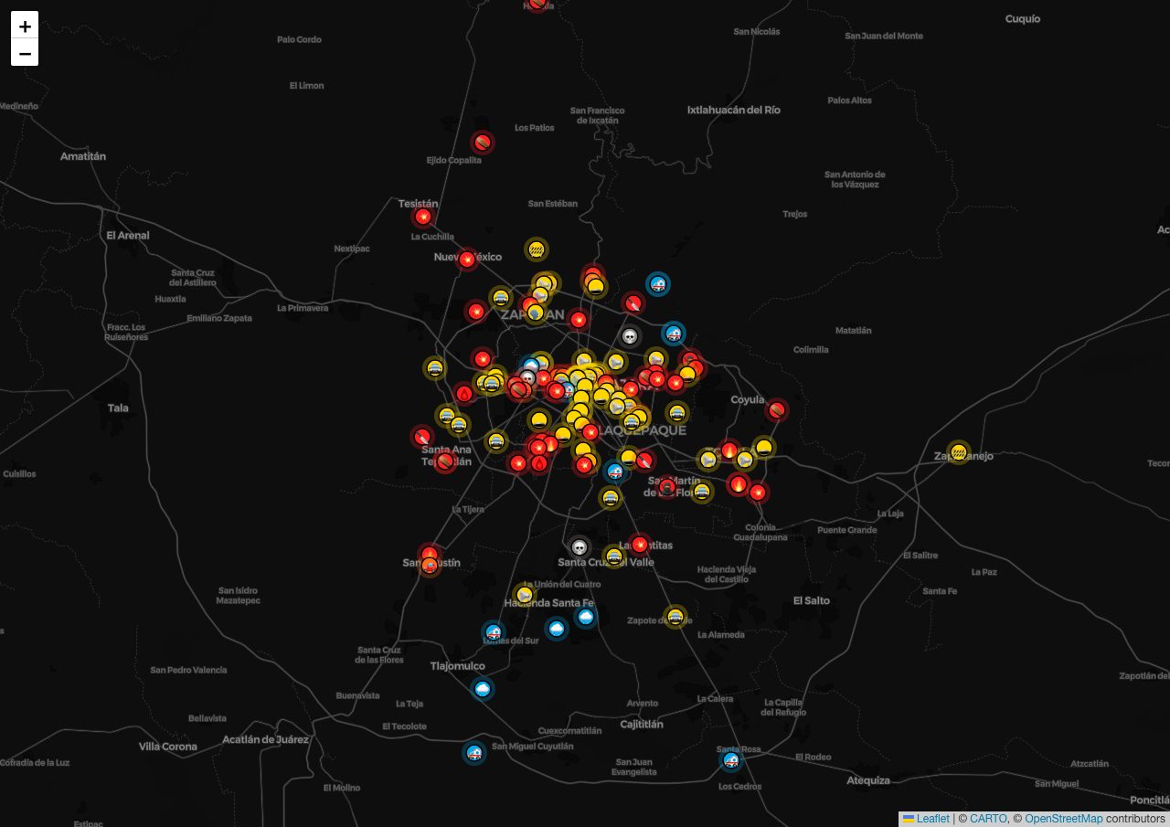 Mapa en vivo de Alerta Roja MX con balaceras, bloqueos y accidentes recientes en la Zona Metropolitana de Guadalajara