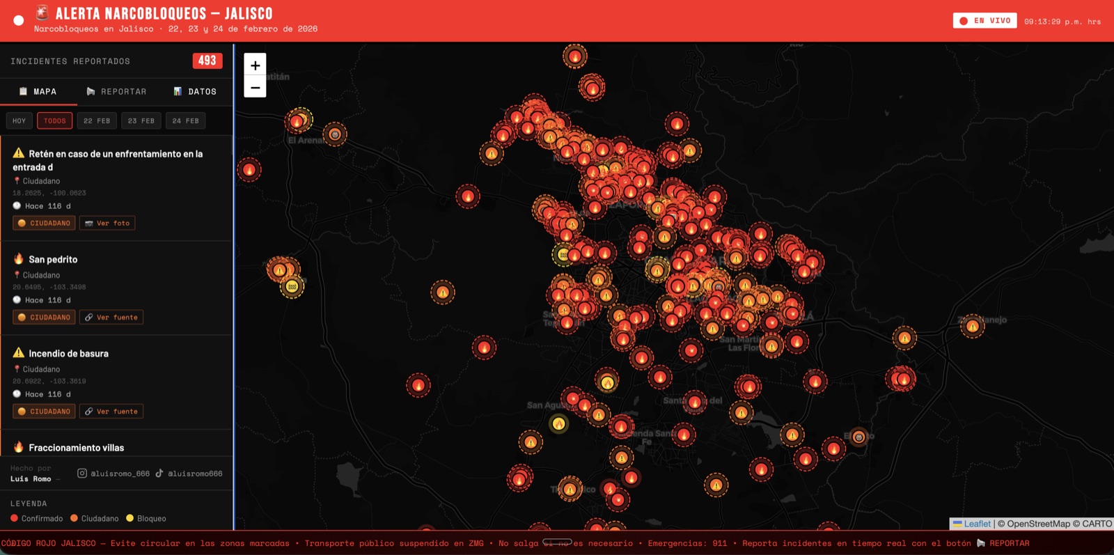 Captura del mapa de los narcobloqueos en Jalisco en febrero de 2026, con 493 incidentes confirmados